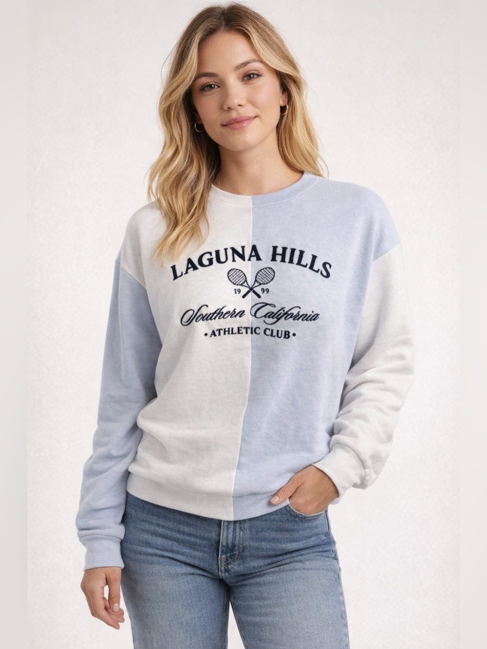 Hollister Women’s Laguna Hills Blue White  Blocking Tennis Logo Sweatshirt Sz M